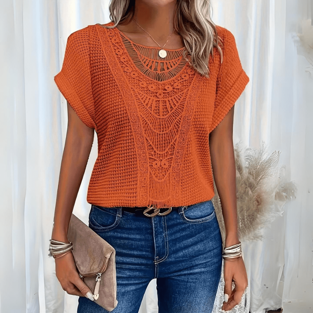 Women's relaxed fit printed top in orange, casual everyday wear for women