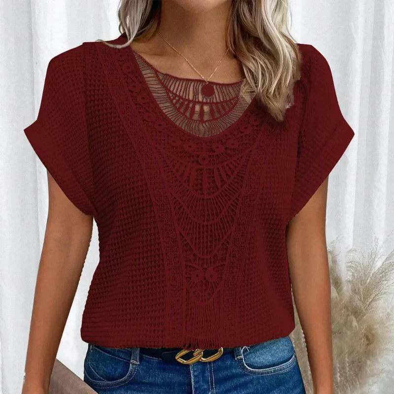 Women's relaxed fit printed top in red, lightweight printed style for casual outings