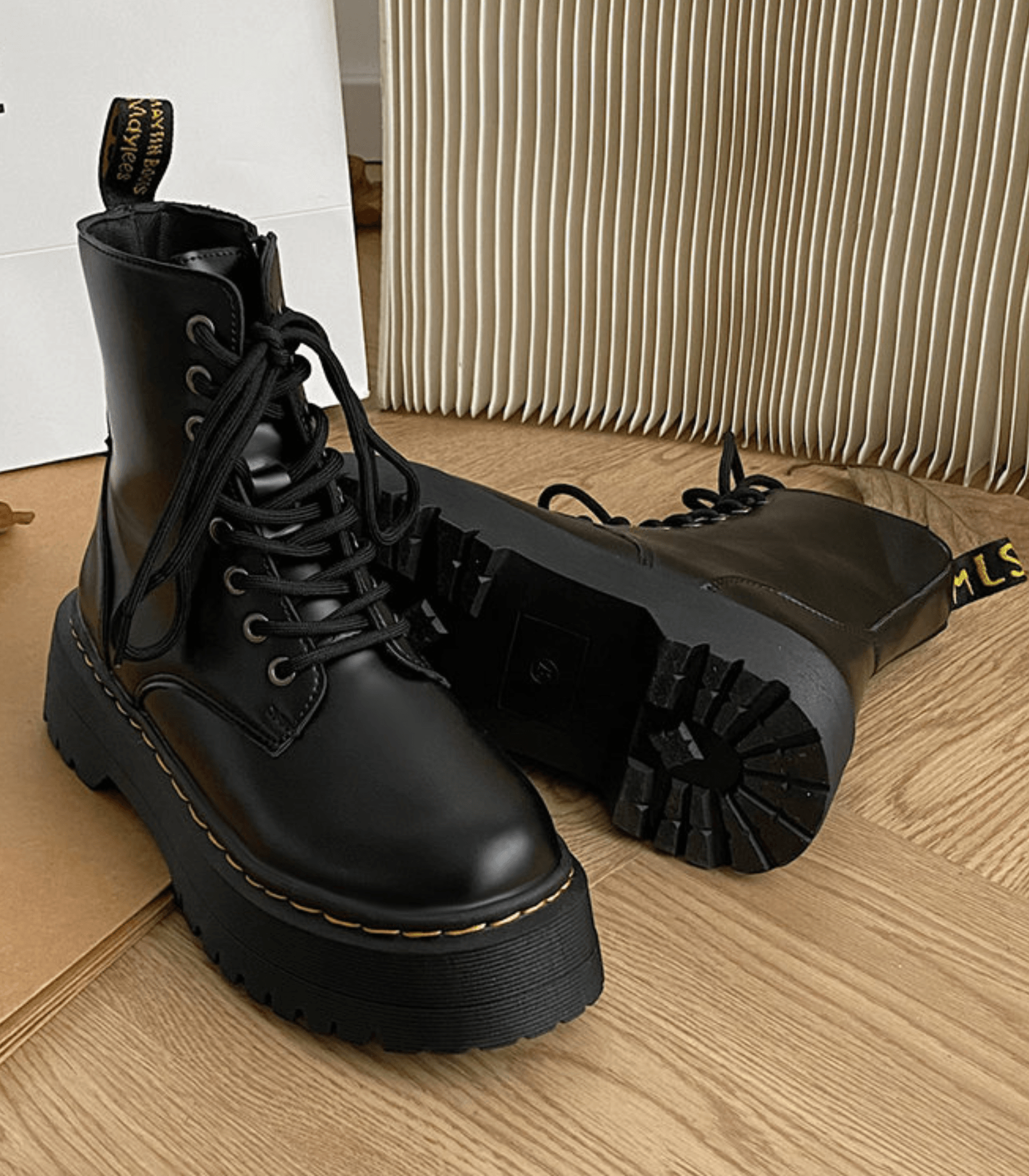 leather platform boots with lace-up front and chunky sole 