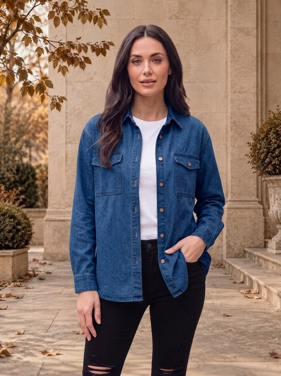 Women's casual denim shirt with long sleeves