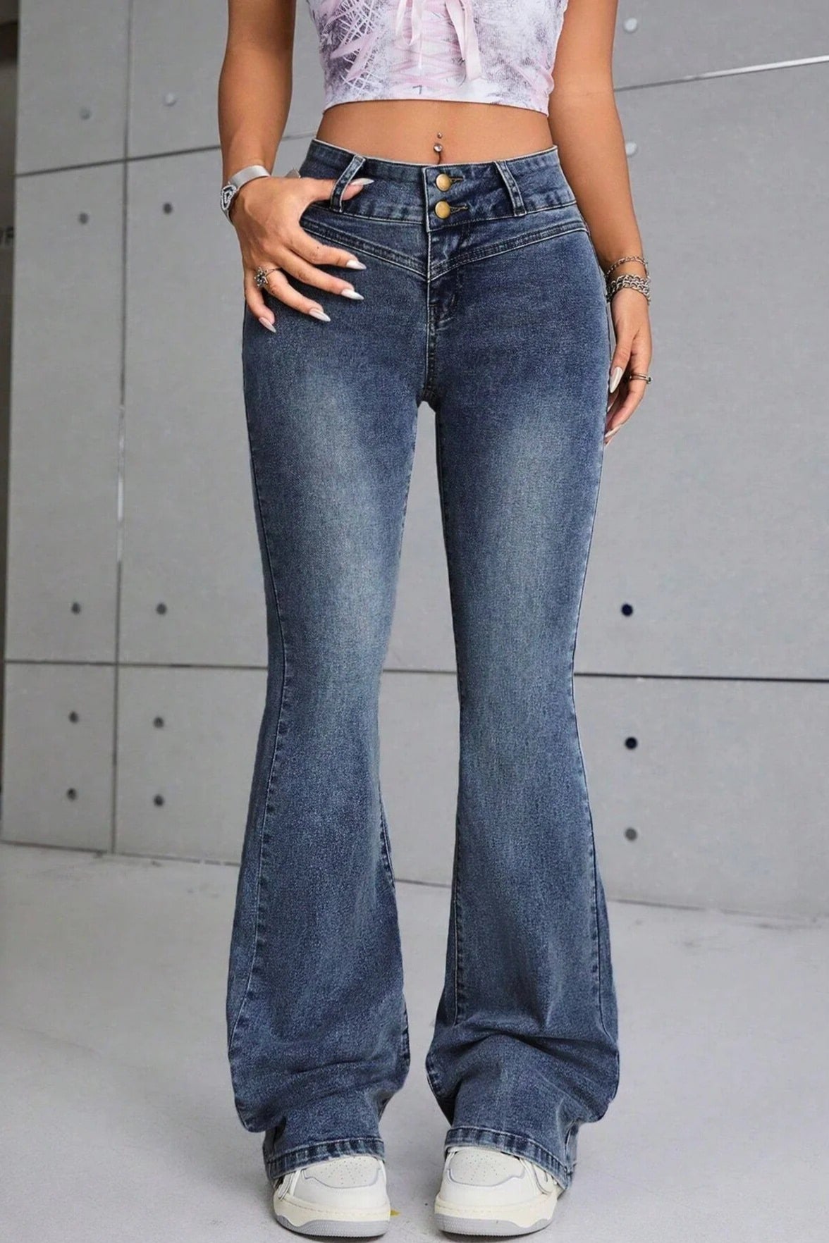 Denim flare jeans back view slim fit women's trousers

