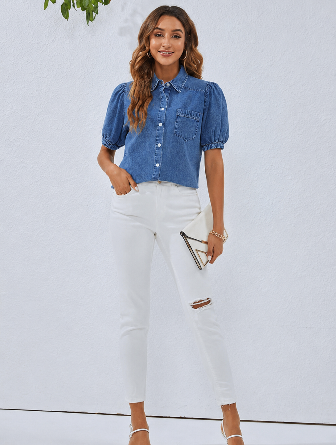 Women's blue cotton denim shirt casual fit – alternate view showing collar and button placket detail