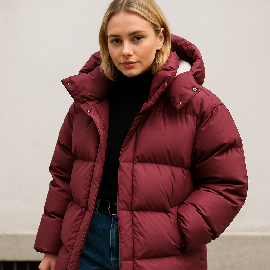 oversized quilted puffer jacket with hood and front zip closure