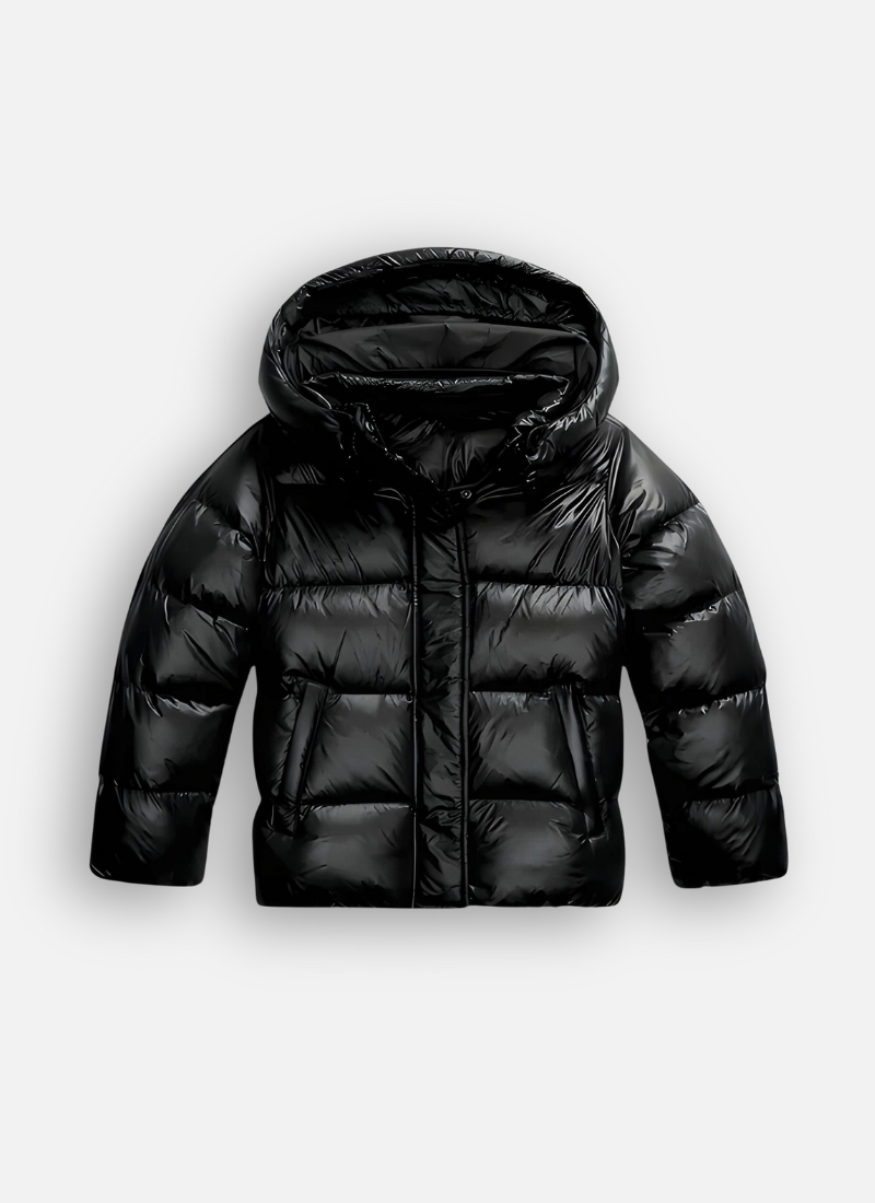 cotton padded jacket with hood shown from front view on white background