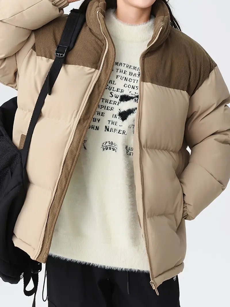 corduroy panel puffer jacket with ribbed collar and zipper closure displayed at three quarter view