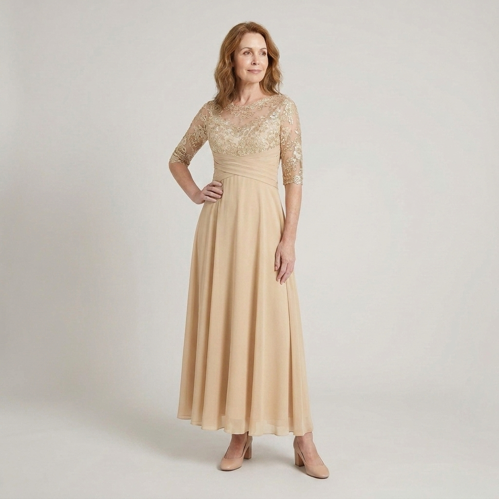 A-line evening dress featuring a round neckline and elegant lace bodice for timeless styling