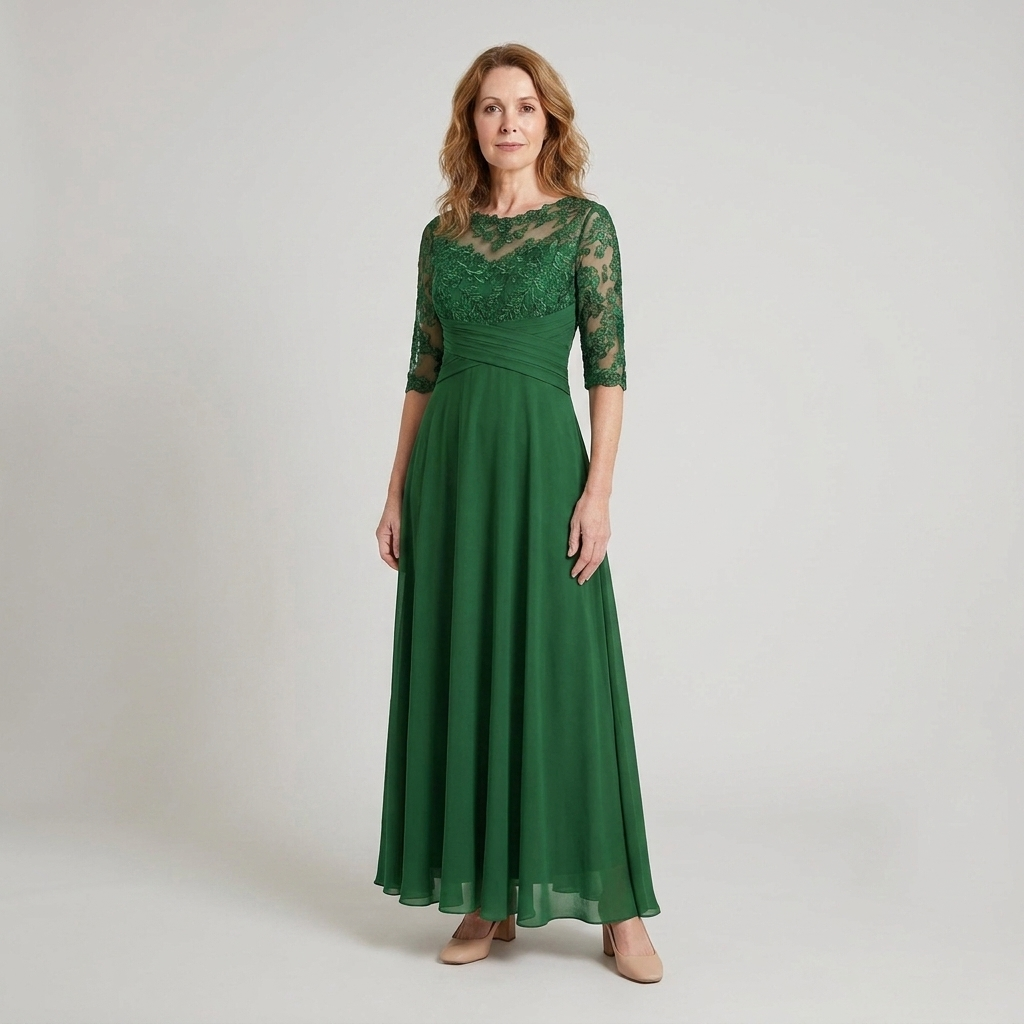Women's formal dress designed with delicate lace detailing and a lightweight flowing skirt