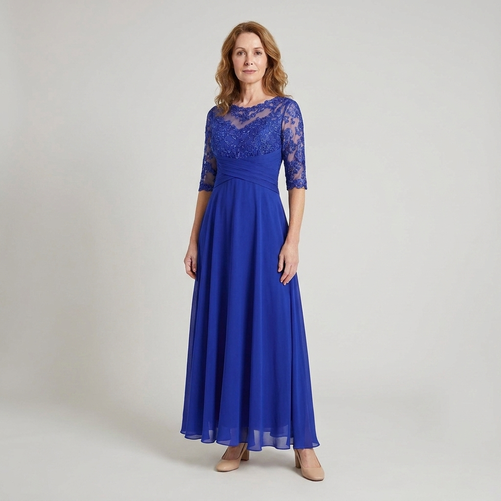 Formal A-line dress combining a lace bodice with a flowing skirt for elegant wear