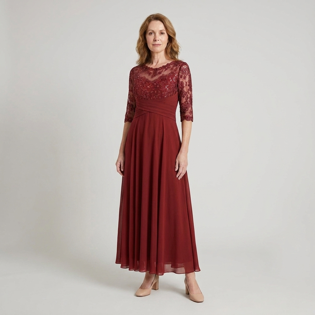 Elegant polyester evening dress with 3/4 sleeves for weddings and formal celebrations