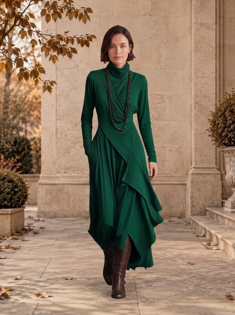 Women's pleated long sleeve maxi dress for layering