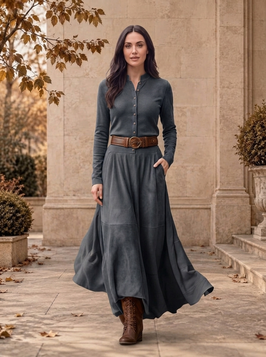 Women's suede dress for autumn layering