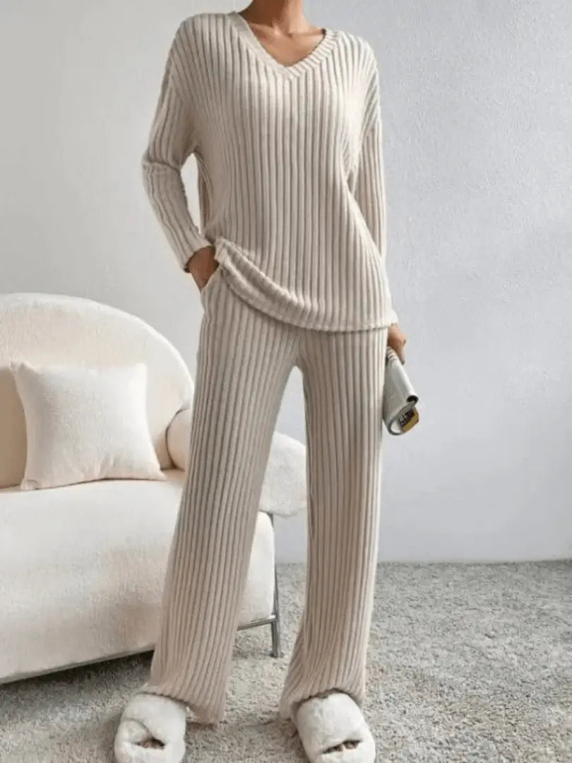 two piece lounge set ribbed knit material full length pants