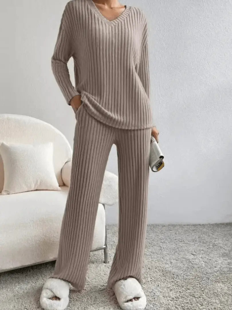 matching lounge set ribbed knit texture two piece outfit