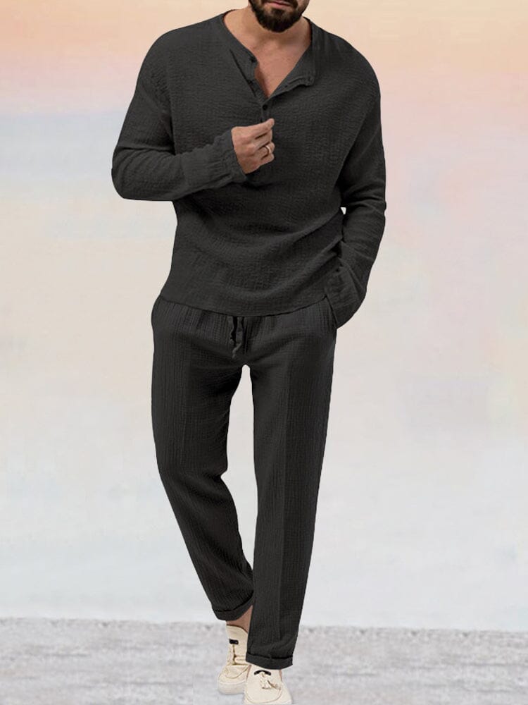 Ensemble Décontracté Deux Pièces avec Haut Col Henley Coupe Slim Homme