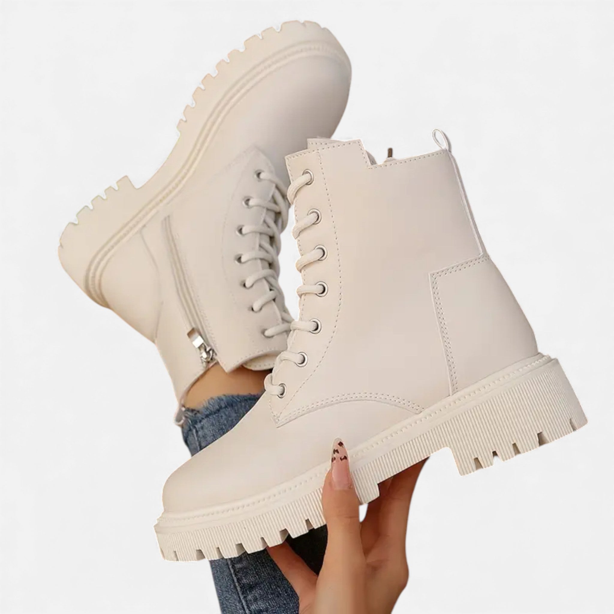 Women's Beige faux leather ankle boots with lace-up fastening – side profile view
