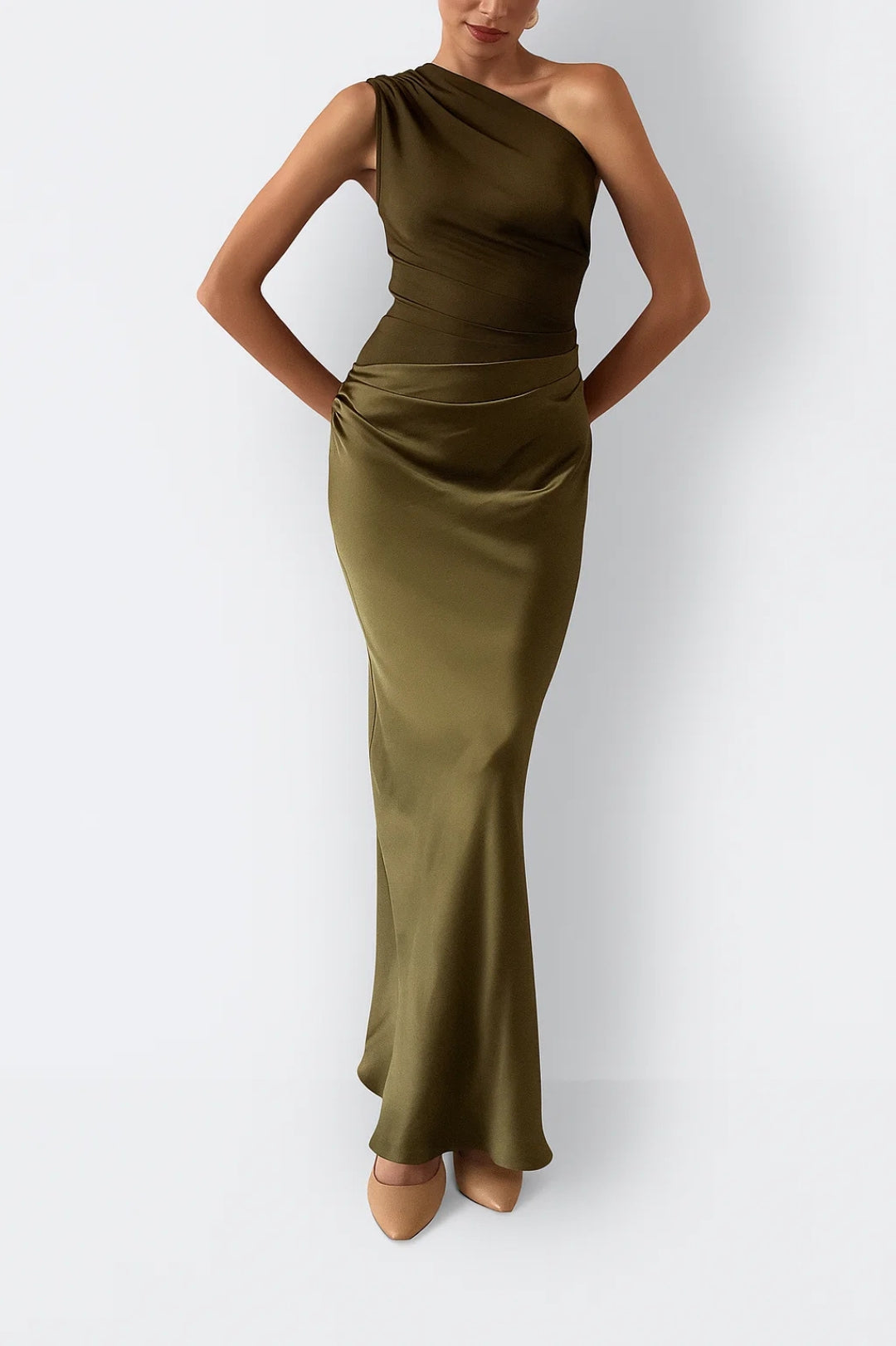 Olive green fitted asymmetrical maxi dress for women – detail or alternate view