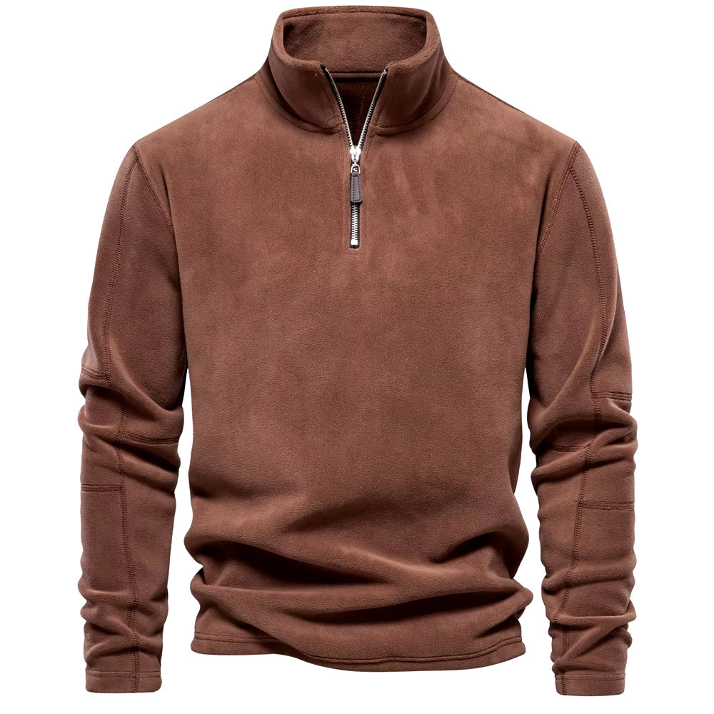 Fleece sweatshirt showing ribbed collar and half-zip fastening

