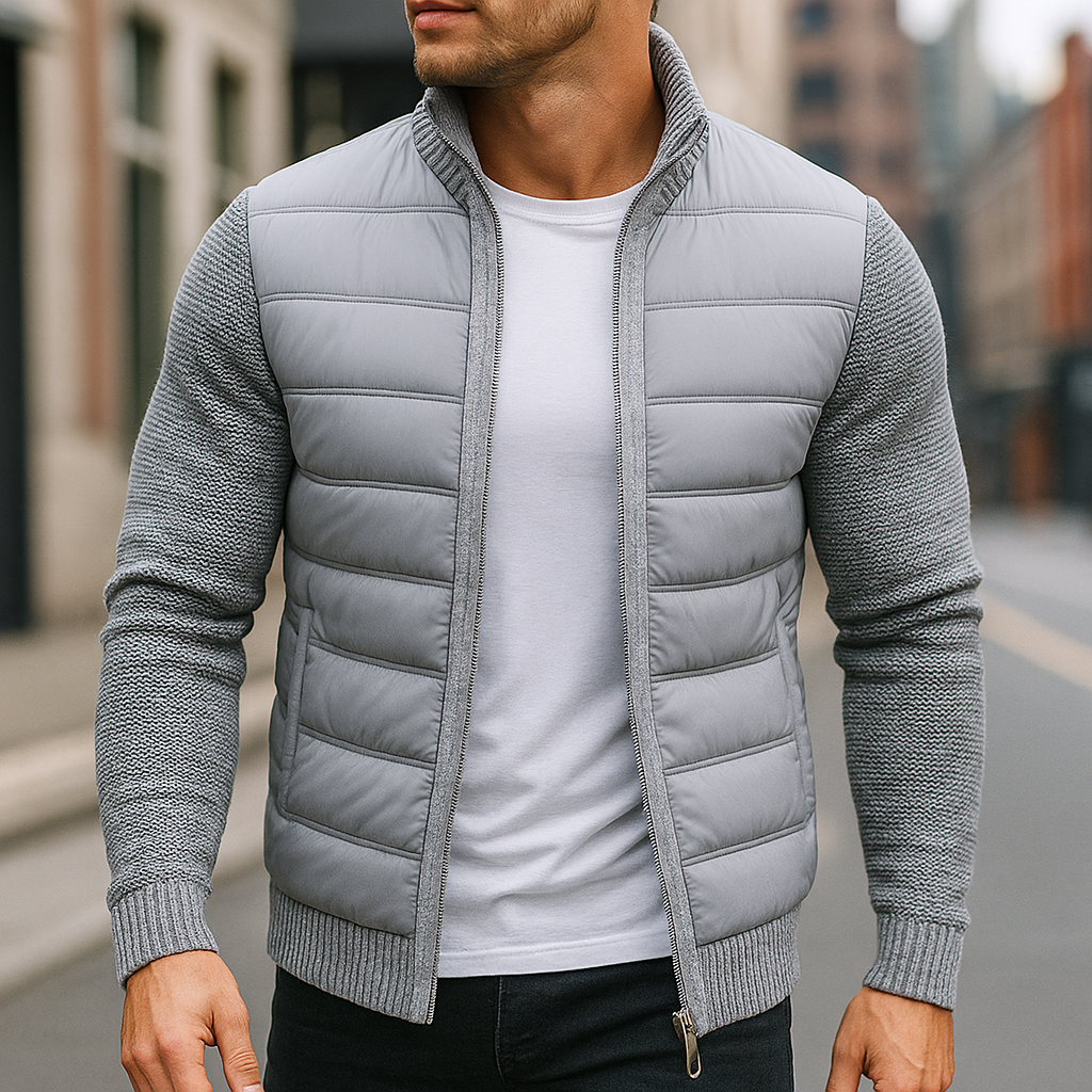 Men's light grey fleece puffer jacket with zip, regular length silhouette