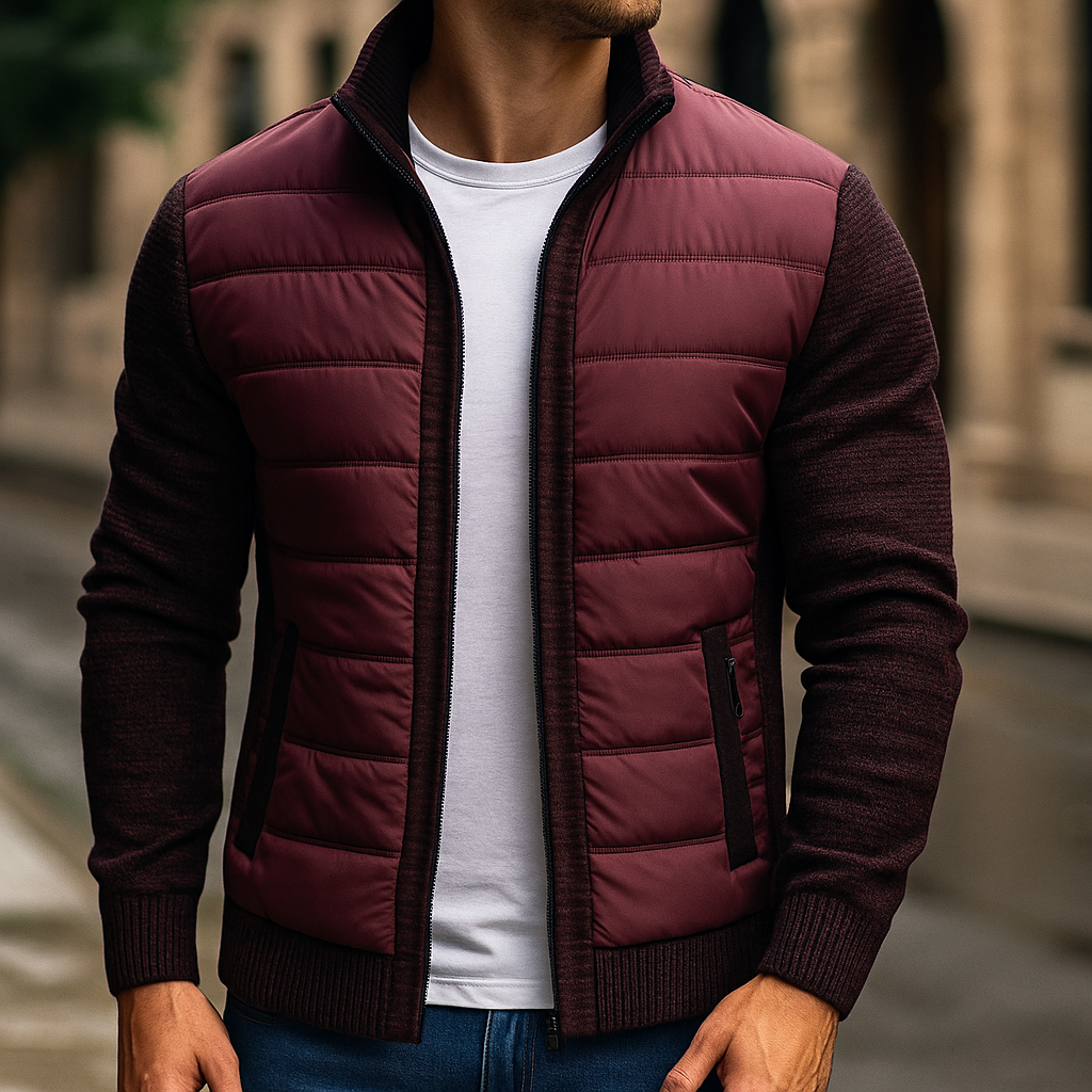 Men's burgundy fleece puffer jacket with zip, polyester construction
