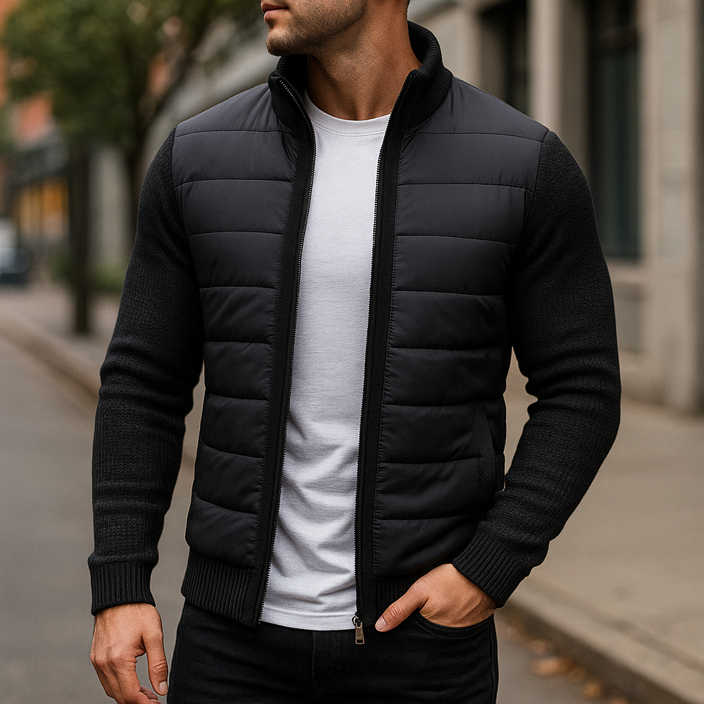 Men's black fleece puffer jacket with zip fastening, available in sizes S to 3XL