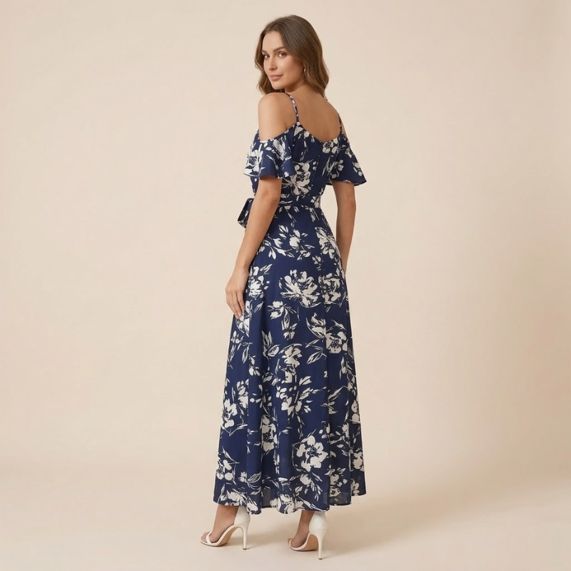 Back view of women's floral wrap maxi dress