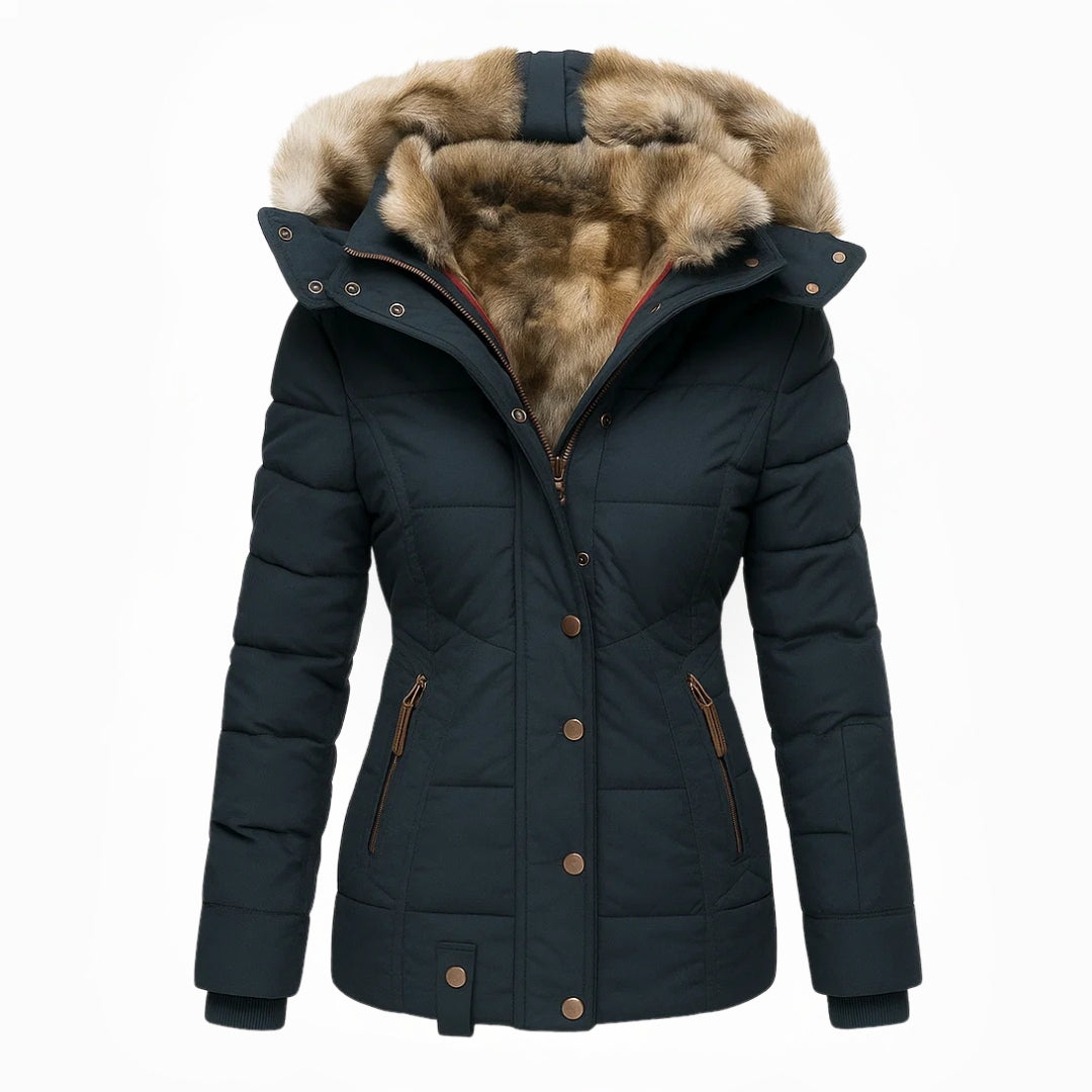 Hooded winter coat with zip fastening streamlined fit for women
