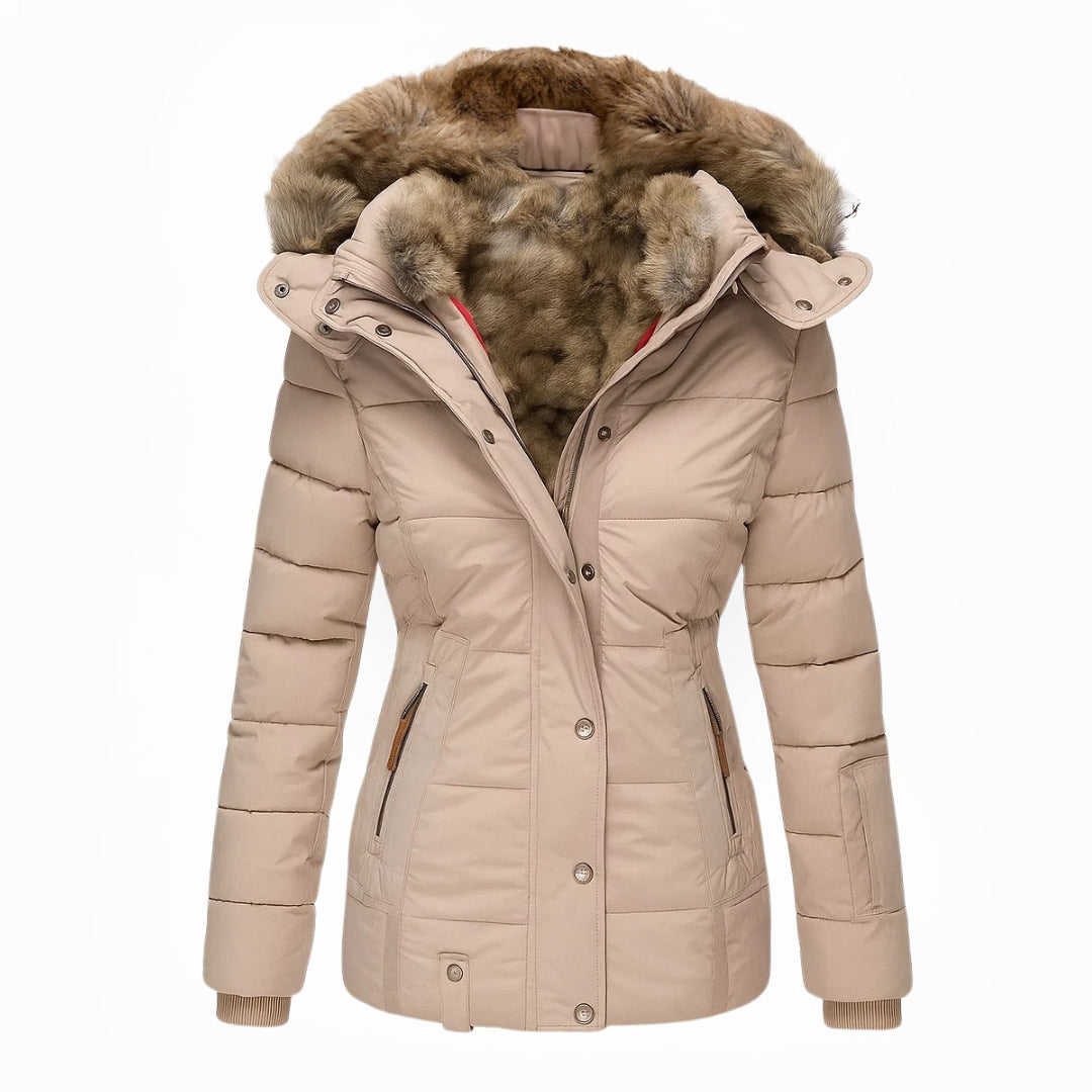 Warm winter coat with faux fur detail contoured fit for women
