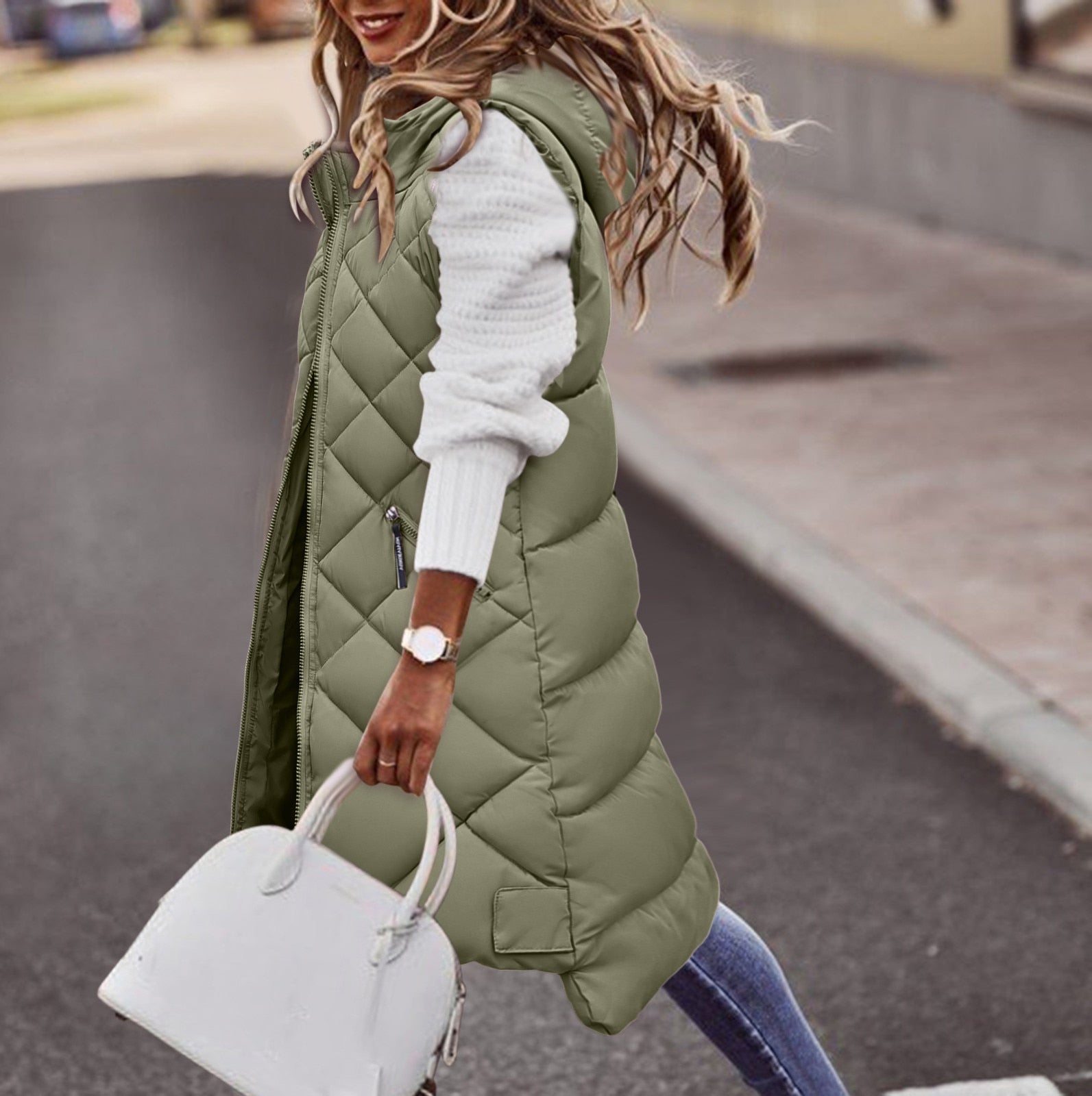Gilet Long Matelassé Coupe Slim Femme
