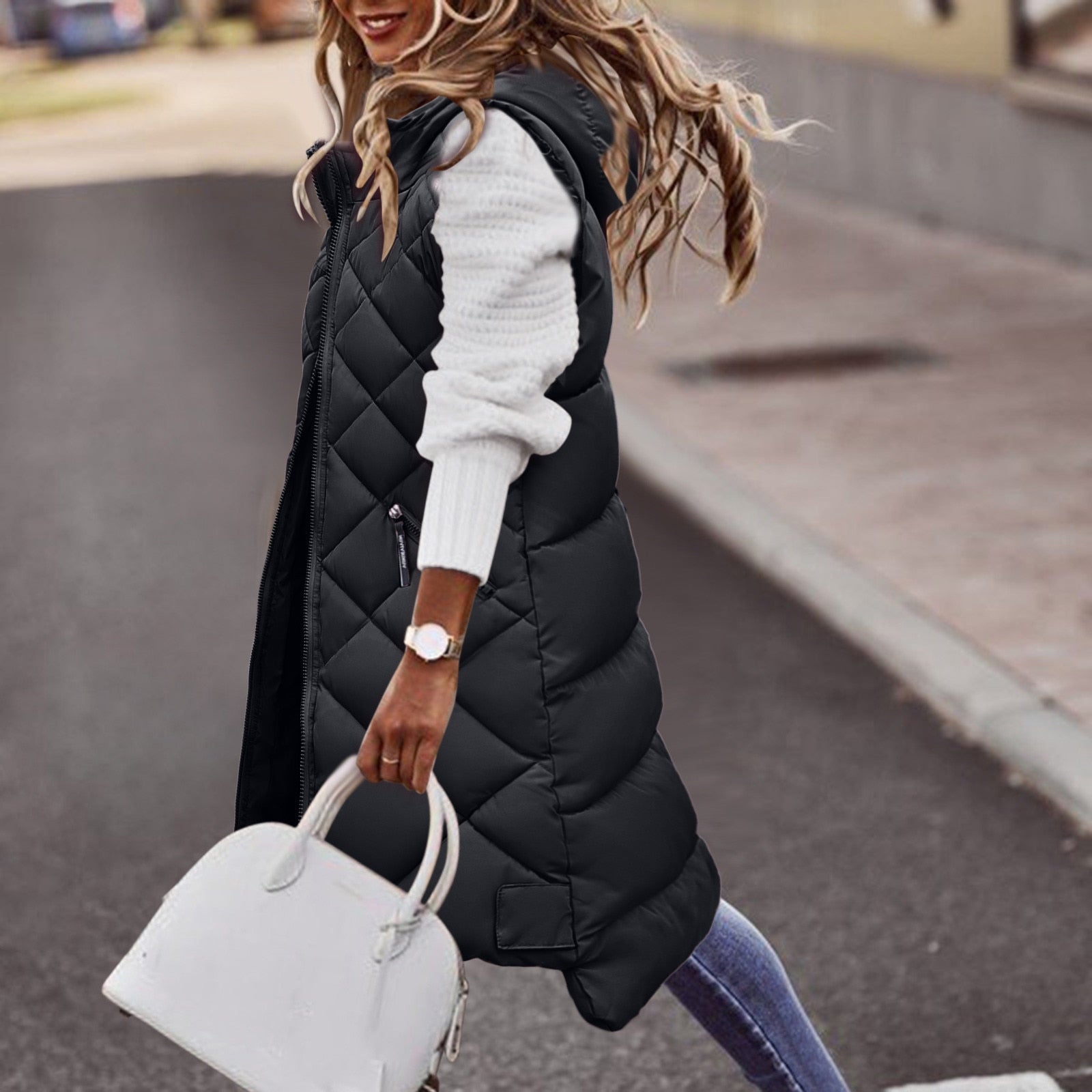 Gilet Long Matelassé Coupe Slim Femme