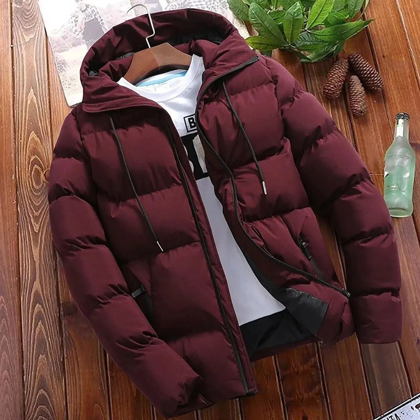 Winter jacket with hood worn casually for everyday outdoor activities