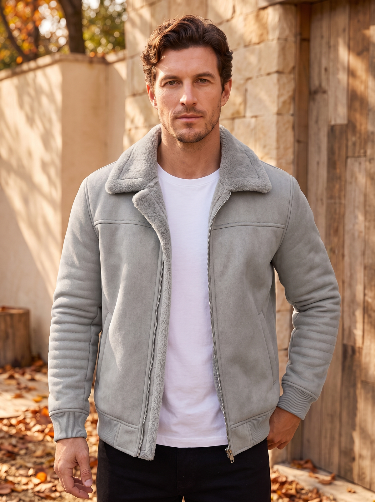 Men's long sleeve leather jacket