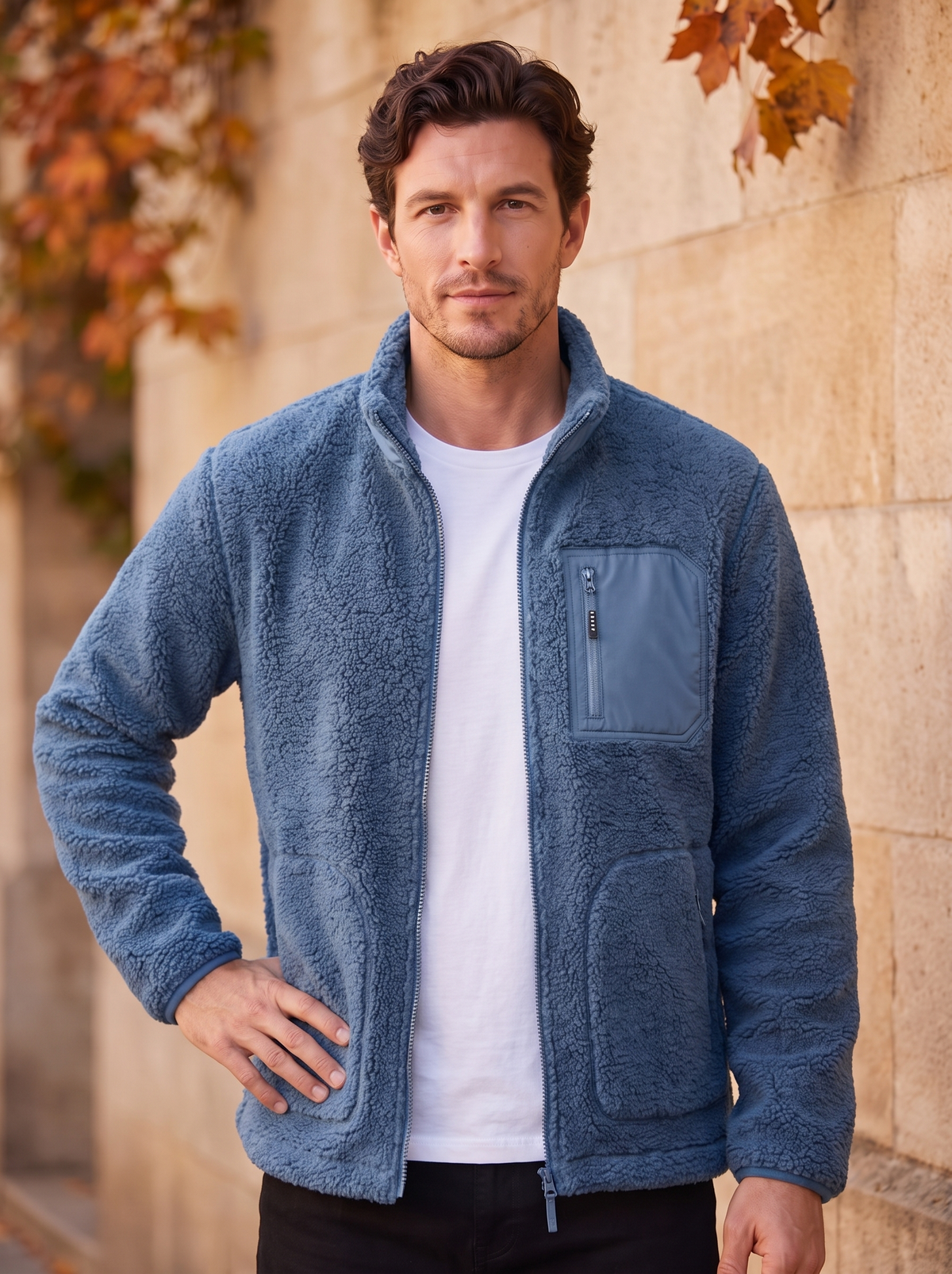 Men's zip front fleece jacket for fall