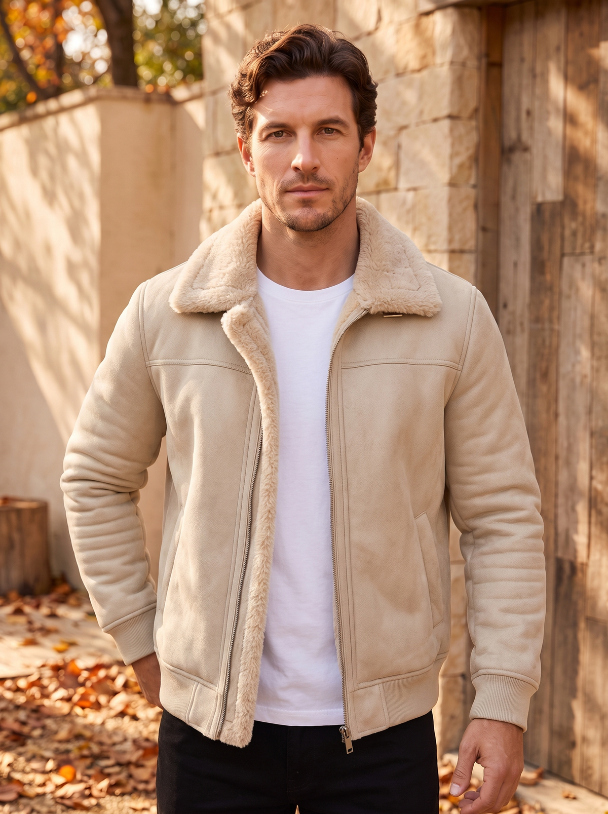 Men's shearling collar leather jacket