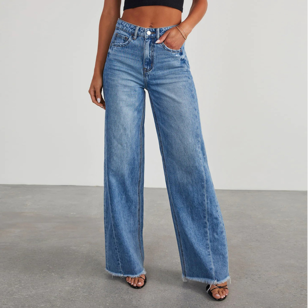 denim wide leg jeans with high waist fit shown from front angle