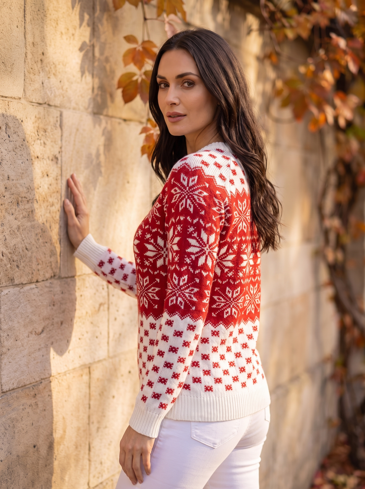 Women's festive knit sweater with snowflake pattern