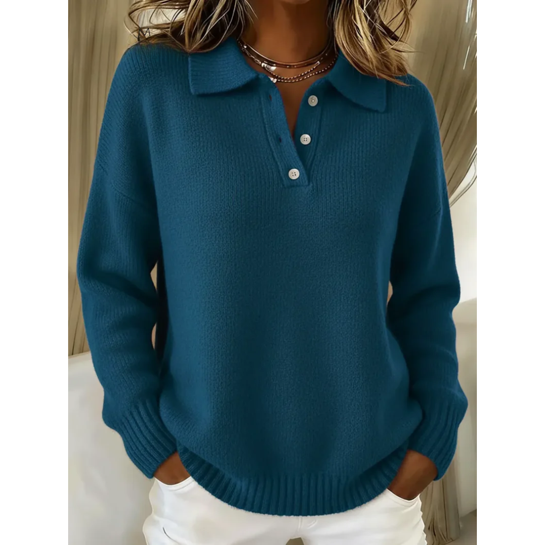 Knitted polo-style jumper with button placket shown on model in slim fit