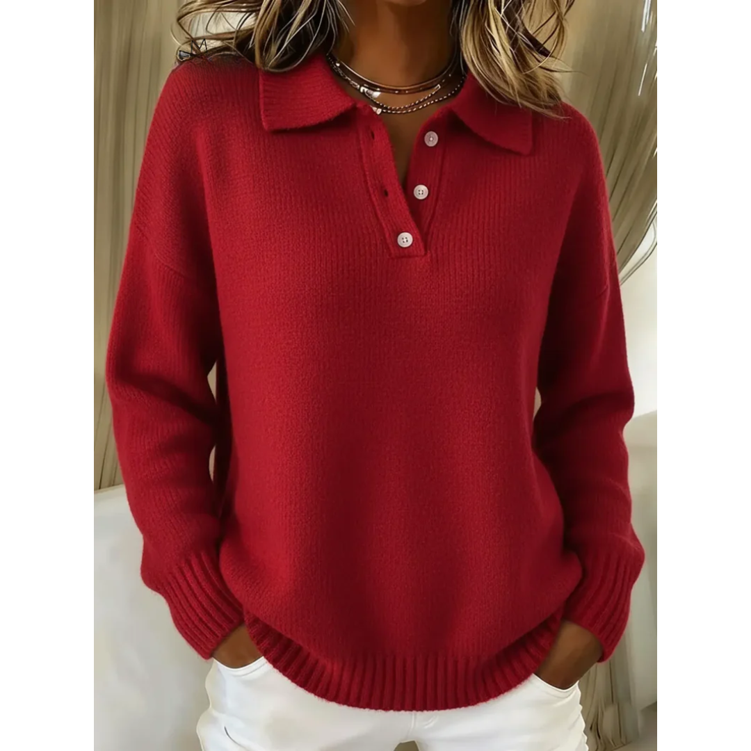  Ribbed knit polo jumper with collar detail in close-up view for women