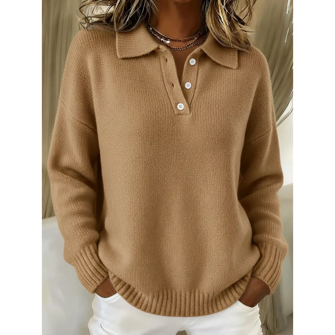 Slim-fit knitted polo jumper with three-button fastening worn by woman