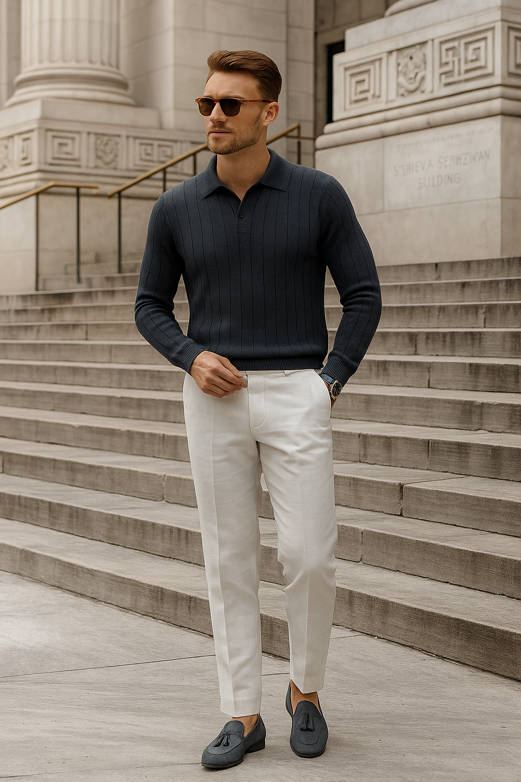 Knit polo shirt with ribbed texture and long sleeves for men 