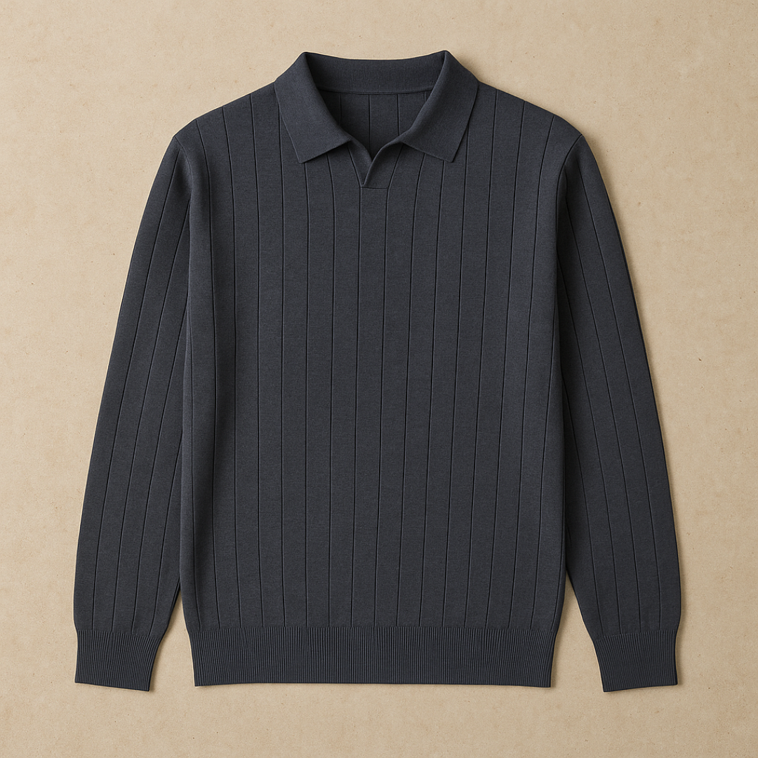 Ribbed knit polo featuring long sleeves and tailored menswear fit