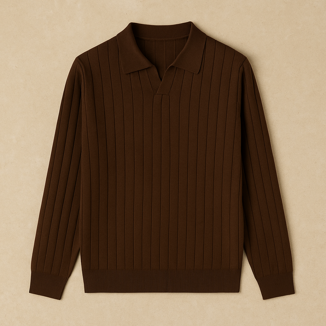 Textured knit polo with collar and long sleeves for men