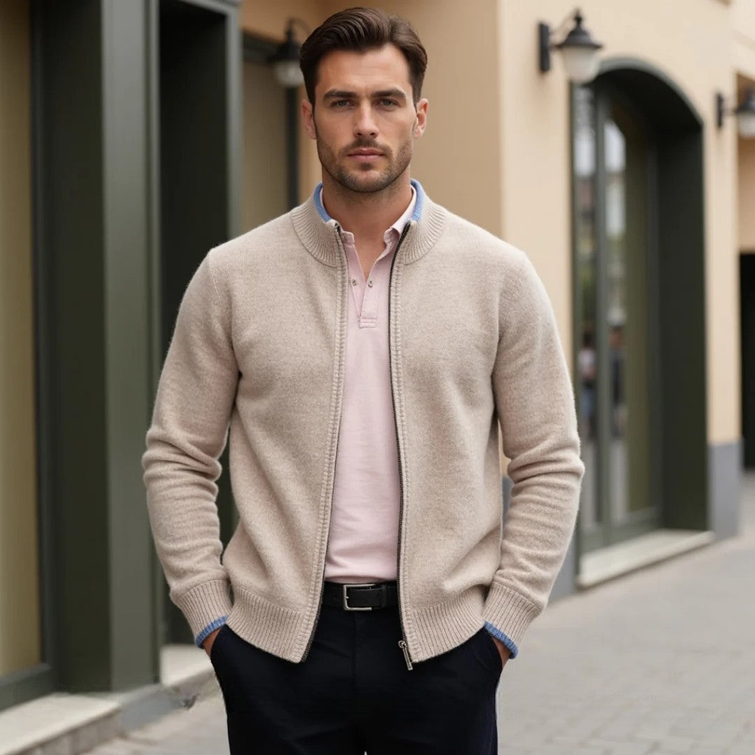 wool zip cardigan with ribbed collar and cuffs shown on model from front angle