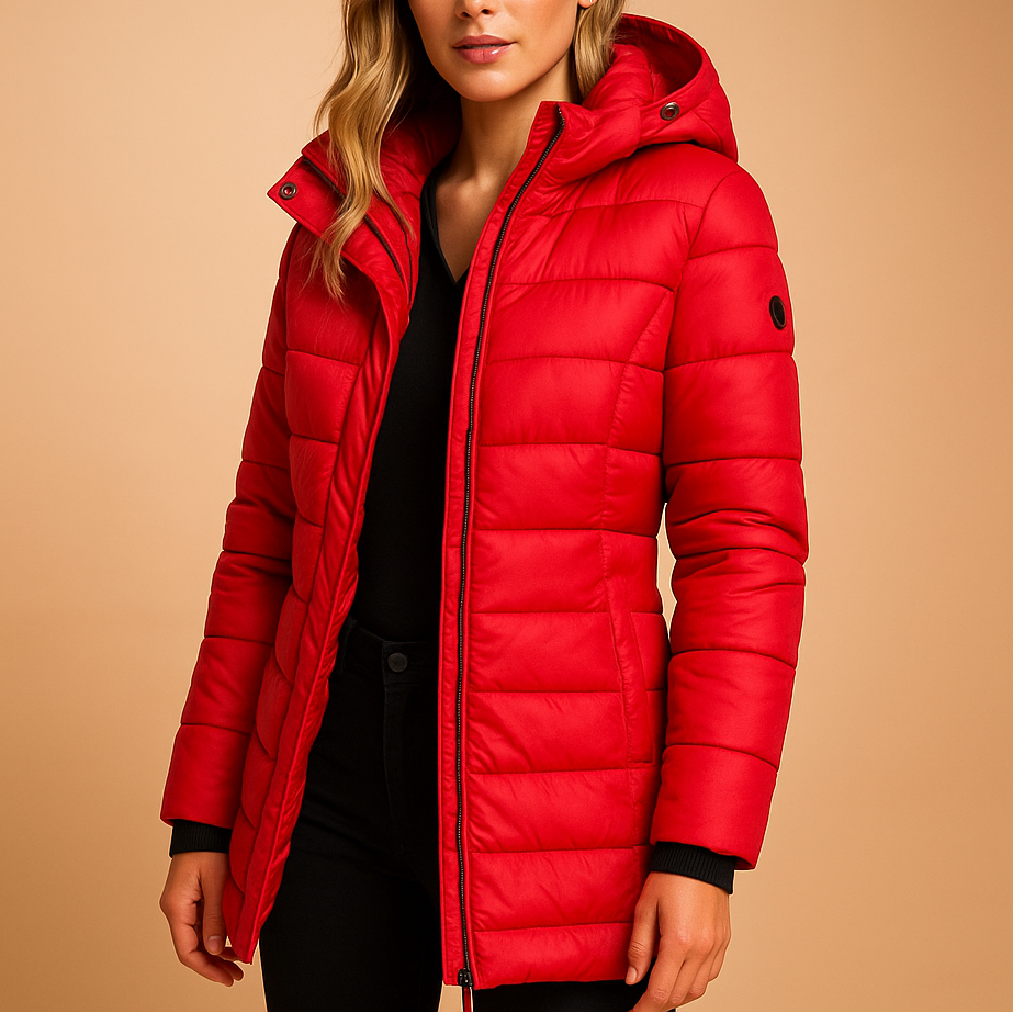 Synthetic puffer coat with hooded design and mid-length cut for women
