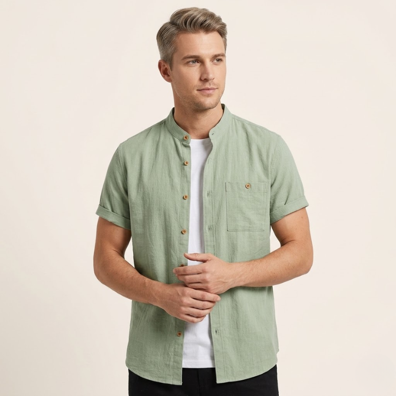 Men's button front shirt with short sleeve construction