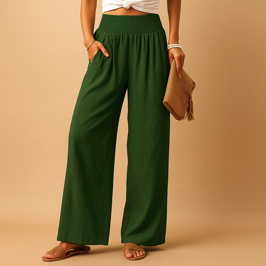 Wide leg polyester trousers designed for holidays, travel and casual outfits