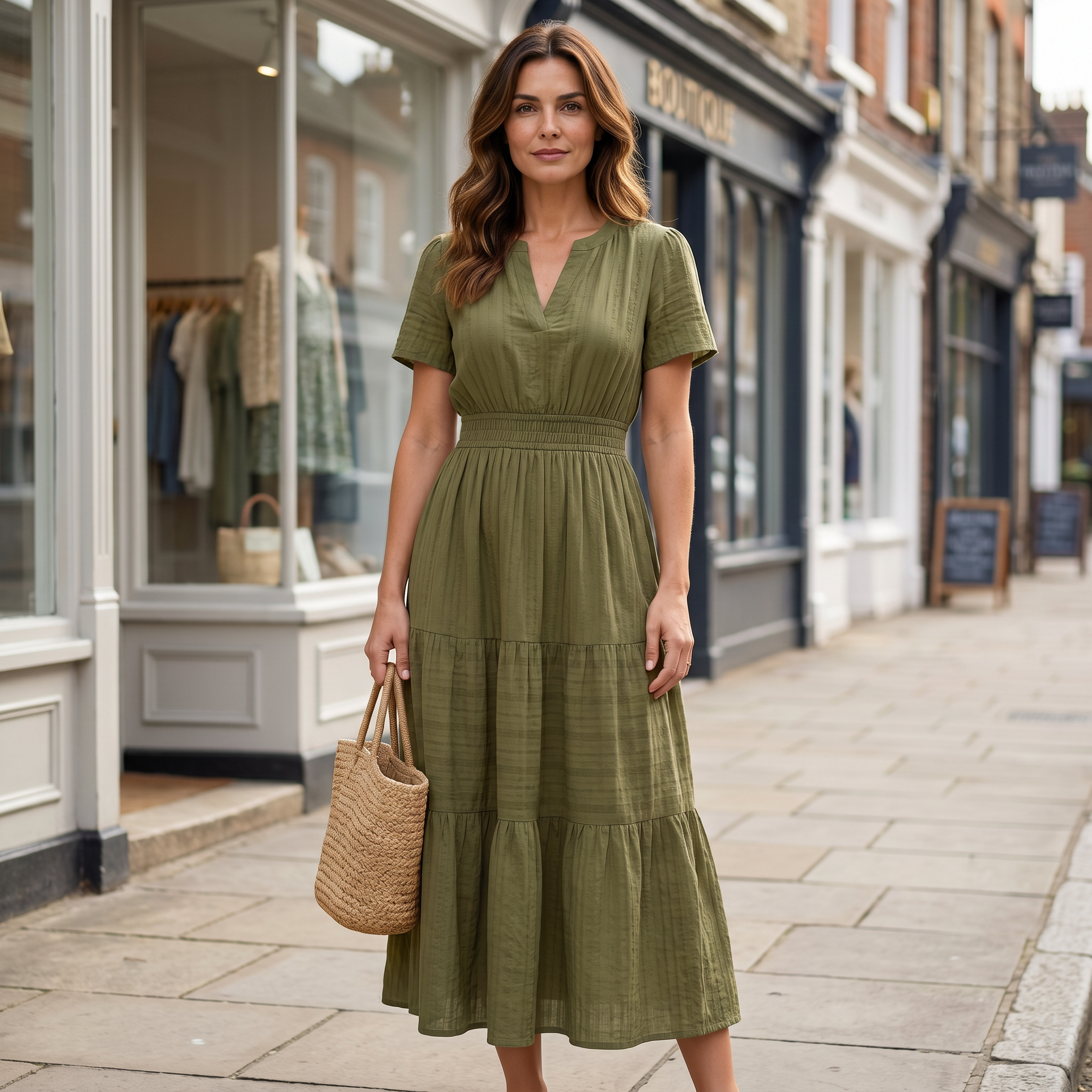 Women's army green linen blend boho mini dress with V-neckline and elastic closure