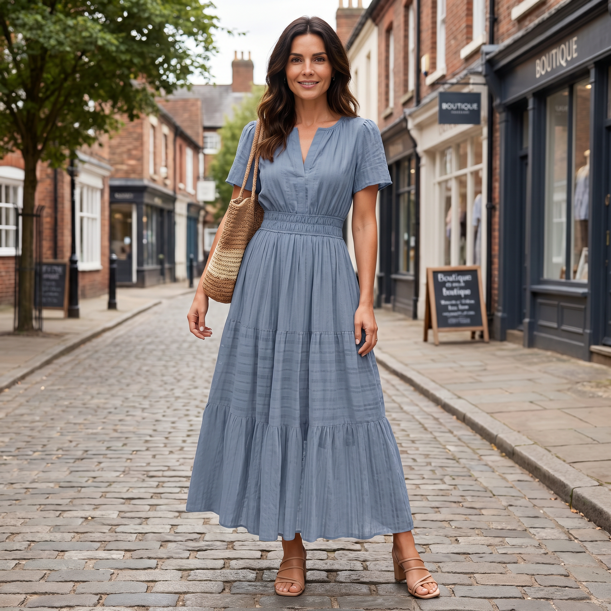 Women's ocean blue linen blend boho mini dress with V-neckline and elastic waist