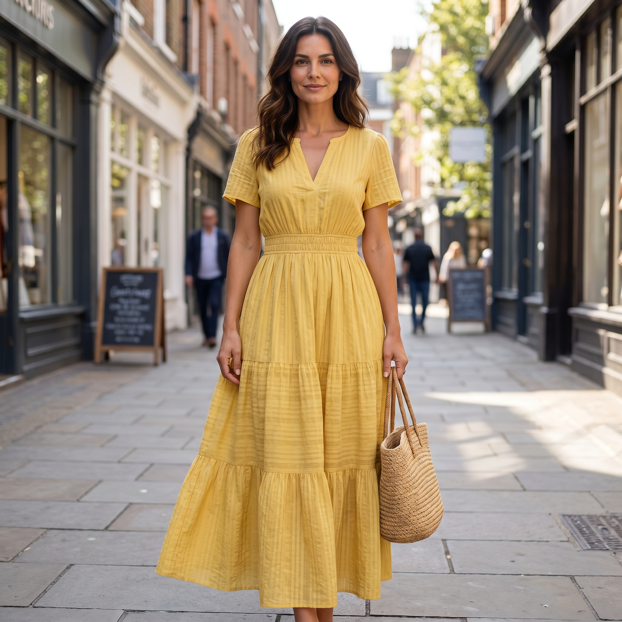 Women's yellow linen blend mini dress with V-neck and casual boho style