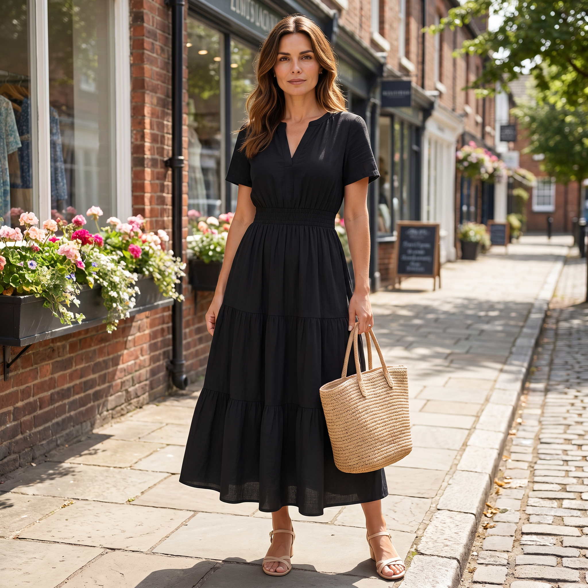 Women's black linen blend boho mini dress with V-neckline and elastic waist