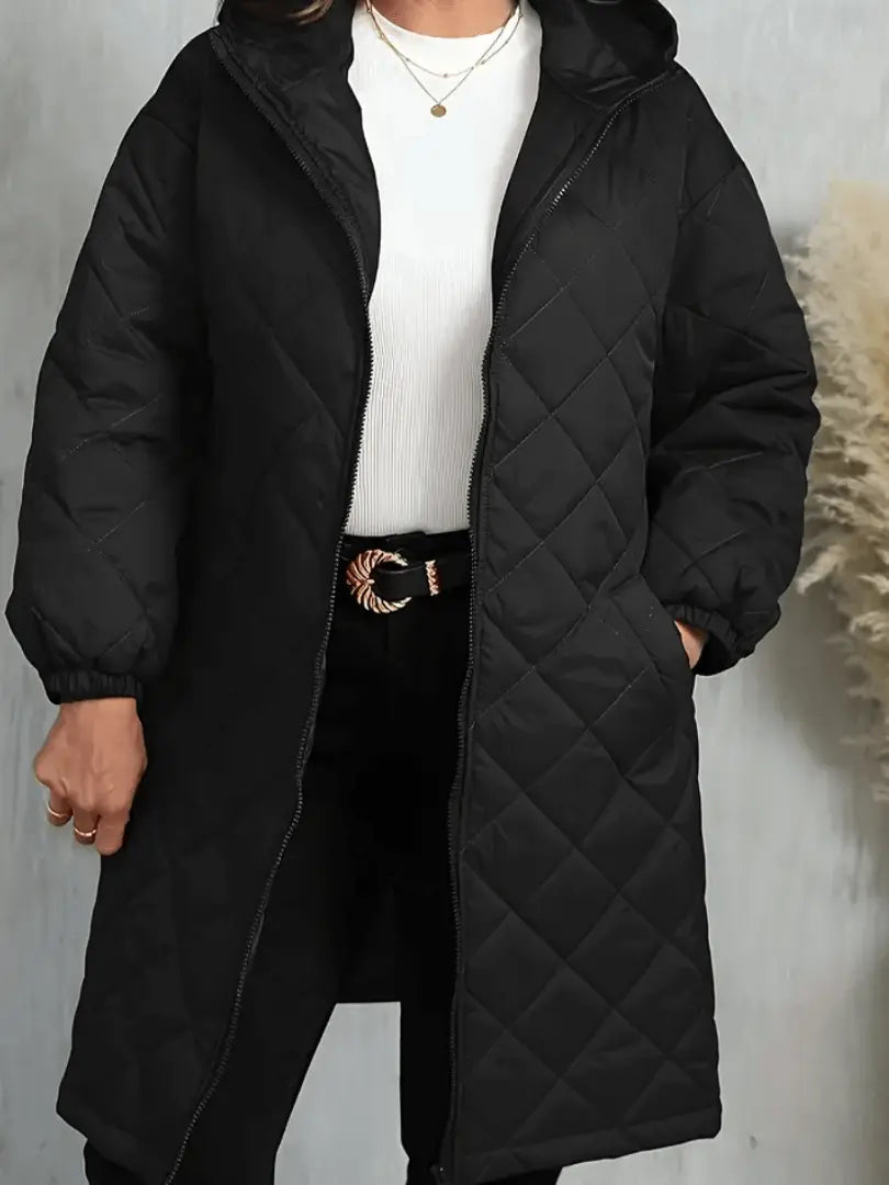 diamond quilted jacket with standing collar and extended hem length